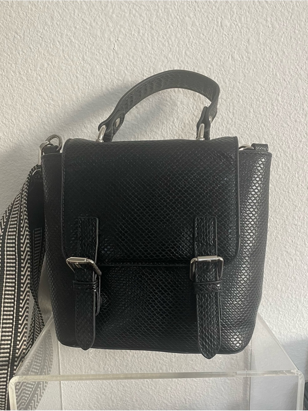 Urban Expressions Black Textured Top-Handle Crossbody Bag, appx 8” X 8” X 4”